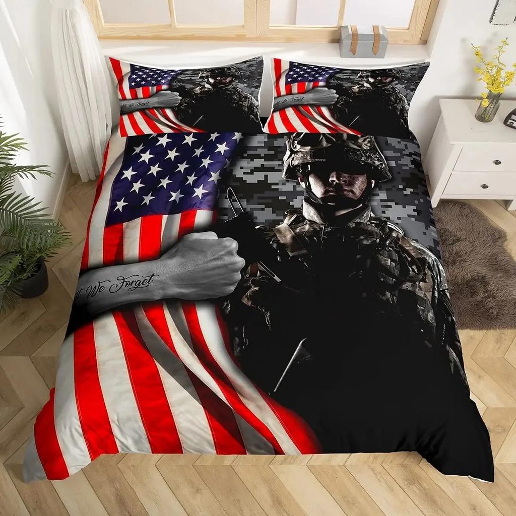 Jungen Armeegrün Bettbezug Set Doppel King Size, Klassisches Camouflage Bettwäscheset, USA Soldat Silhouette Bettdeckenbezug Steppdeckenbezug