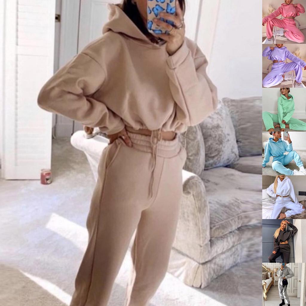 Damen Langarm Zweiteiler Set Lässig Sportbekleidung Sweatshirt Crop Top und Elastische Taille Hose Loungewear Trainingsanzug