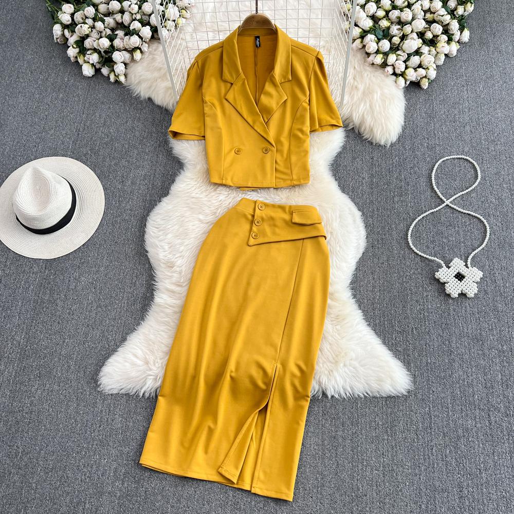 Ladies Suit Retro Lapel Loose Puff Sleeve Short Suit Jacket Two Piece High Waist Slit Skirt