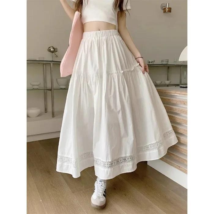 White Lace Splicing High Waist Elastic A- Line Midi Skirt Women's Summer Elegant Wide Hem Semi-Body Skirt