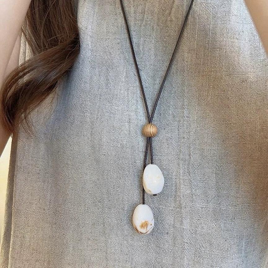Chinese Style Stone Pendant Woven Rope Necklace for Women Vintage Y-Shaped Long Simple Necklace High-End Hanfu Accessories