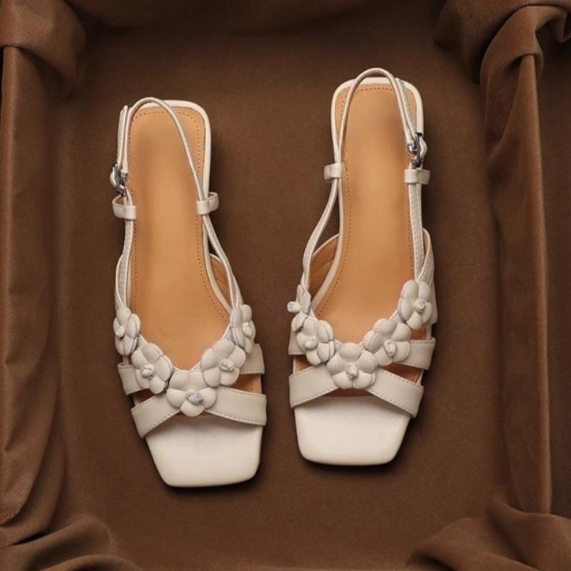 Fashion Open Toe Block Heel Roman Sandals Women's Summer New Fashion Square Toe Shallow Mouth One Strap Flower Sandals