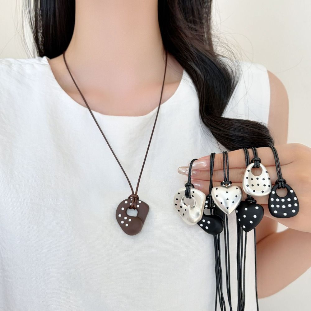Polka Dot Charm Long Sweater Chain Heart Pendant Drop Heart Necklace Daily Wear