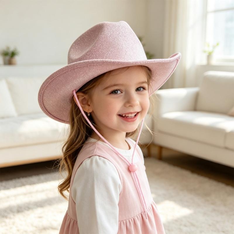Kids Glitter Western Panama Hat Party Accessory with Broad Edge and Pinched Top for Costume Shows, Dance Recitals, Photo Fun