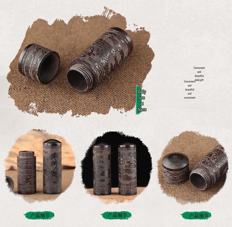 Handgefertigtes Ebenholz-Schnitzerei-Räucherholz-Beutel-Set mit Faden, Räucherholz-Pulver und Massivholzflasche