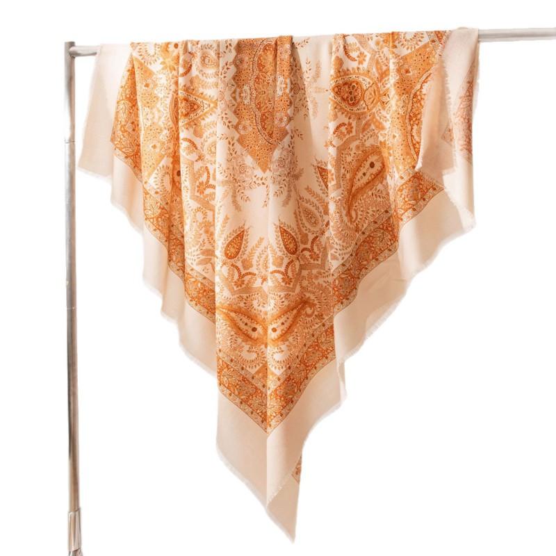 Vintage Printed Silk Wool Scarf 140x140cm Dual-use Shawl Wrap Sun Protection Warmth