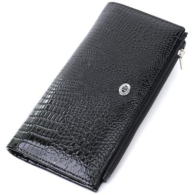 Patented Thin Wallet with a Reptile Texture Made of Genuine Leather ST Leather 22716 Black