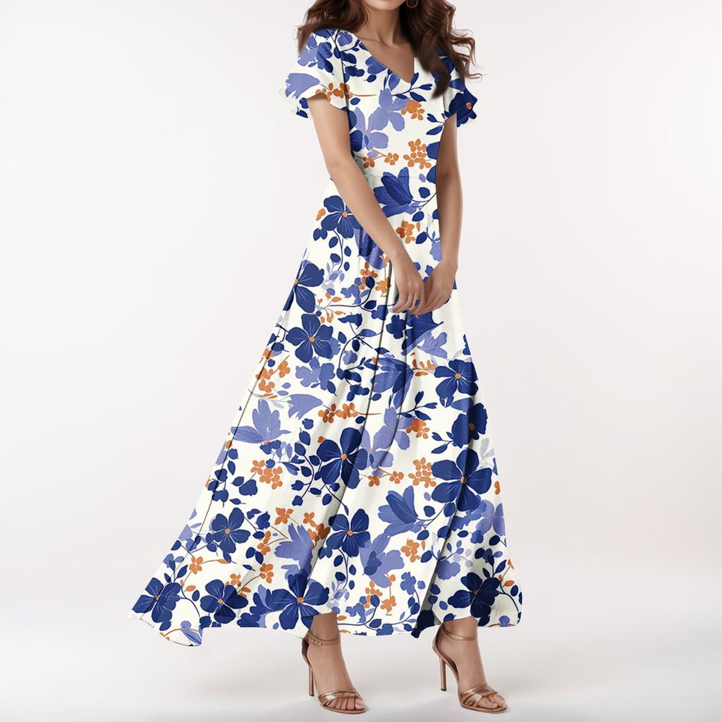 Lässiges Damenkleid mit V-Ausschnitt, kurzen Ärmeln und hoher Taille, Retro-Blumenblatt-Print