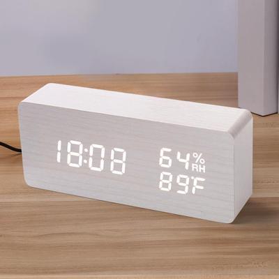 Fashion LED Wooden Clock with Silent Alarm, Indoor Temperature & Humidity Display