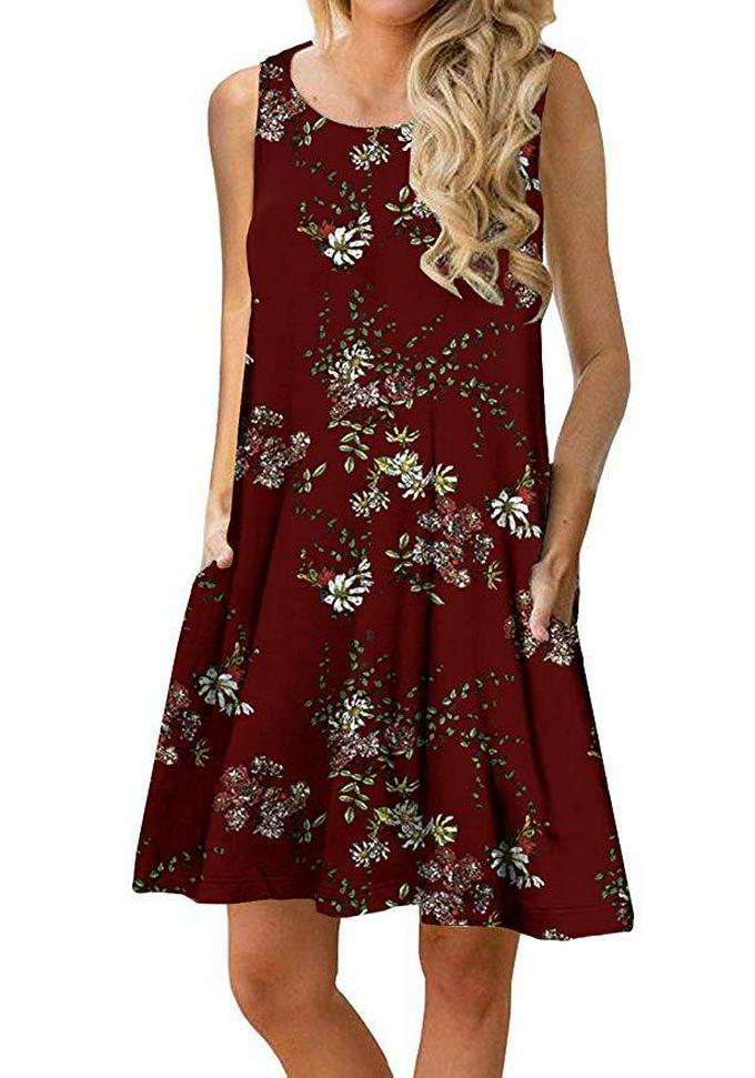 2020 Sleeveless European-American Floral Pocket Beach Dress