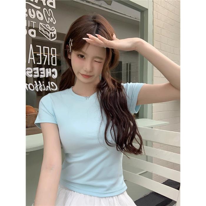 Women's Crew Neck Short Sleeve T-shirt Slim Fit Elegant Style Solid Color Cotton Regular Shoulder Cropped Summer Casual Tee Top