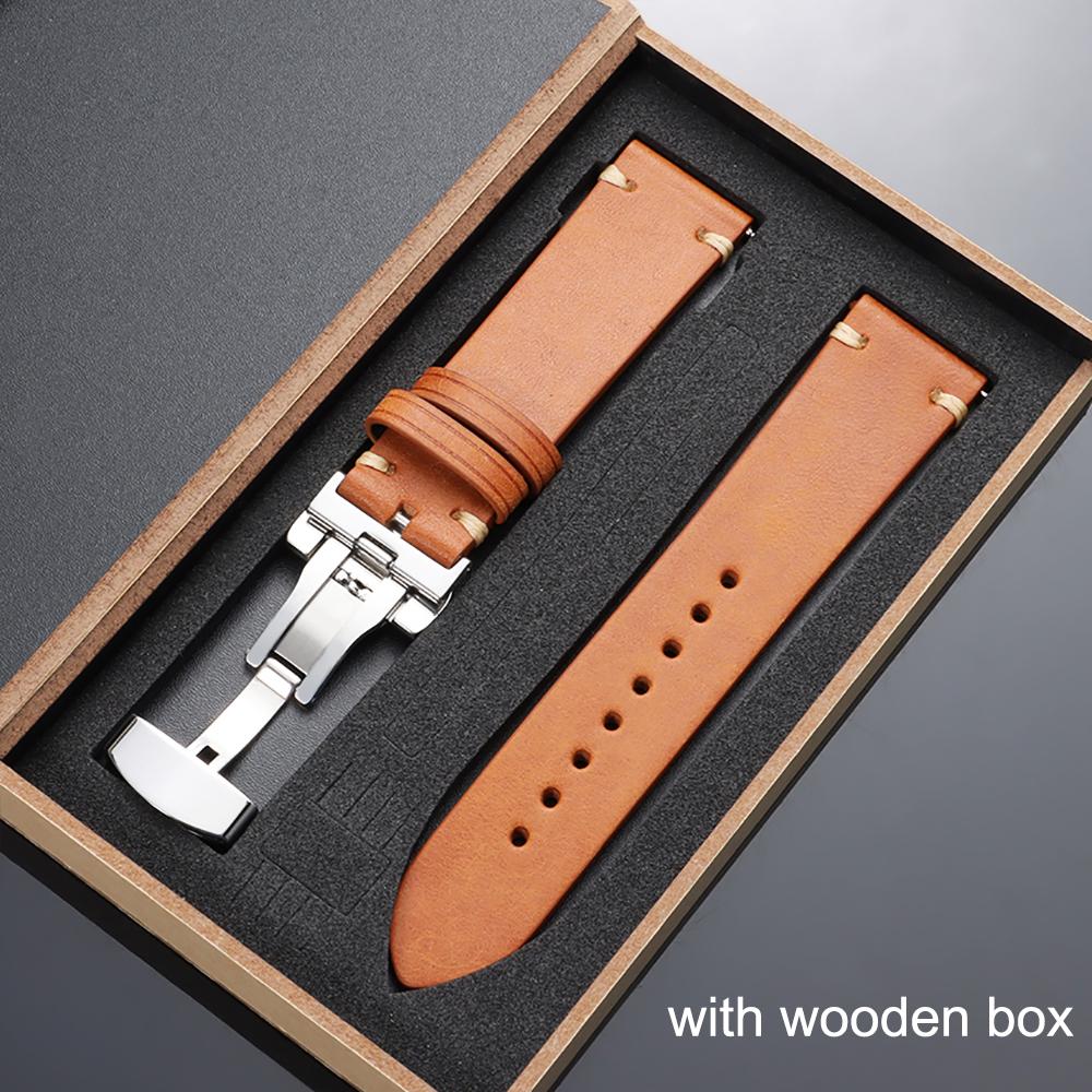 20mm 22mm Handmade Stitching Cowhide Strap with Box 18/19/21mm Matte Leather Watch Band Butterfly Buckle Soft Business Wristband