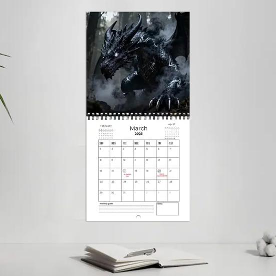 2026 Drachen-Fantasy-Wandkalender Monatsplaner mit 12 detaillierten Drachenillustrationen Spiralbindung Aufhängeloch Heim-Büro-Dekor Geschenk für Drachen