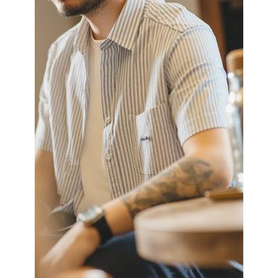 American Retro Style Pure Cotton Striped Short-Sleeve Shirt for Men, Summer Embroidered Jacket, Export Men's Clothing, All-Cotton Shirt