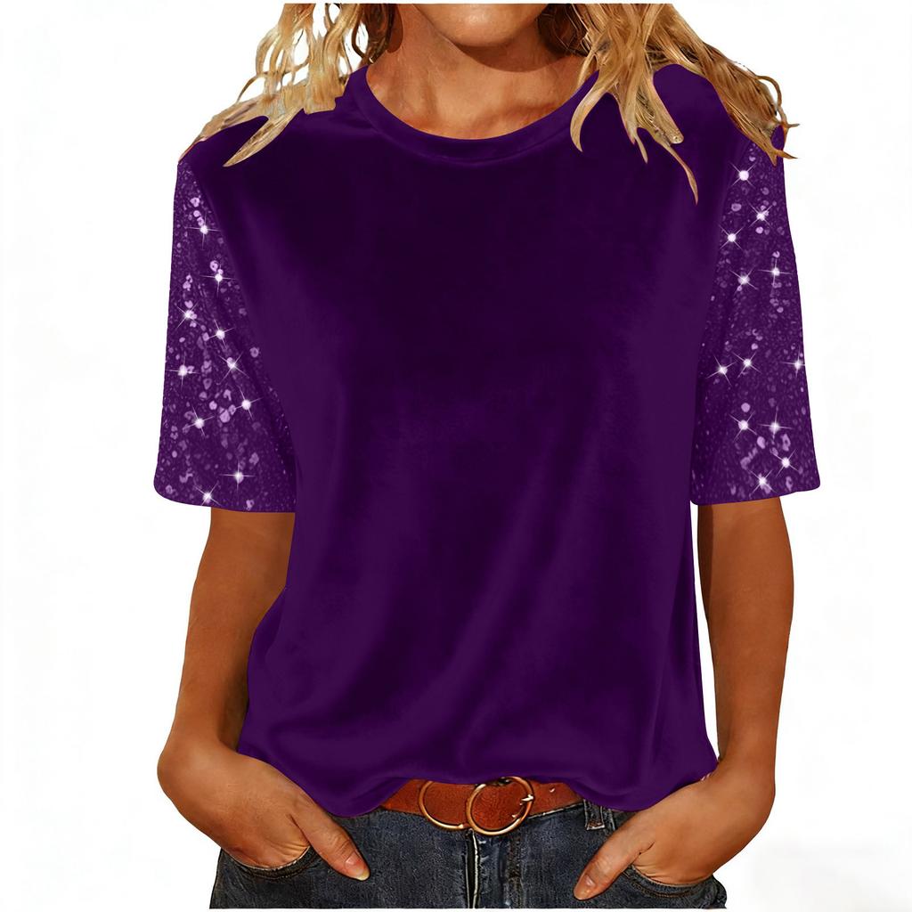 Women's Fashion Casual Round Neck Short Sleeve Patchwork Sequined Top