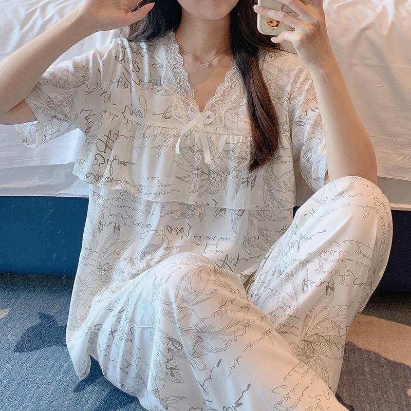Short-sleeved Trousers Cotton and Silk Pajamas Women's Summer Thin Suit Japanese Sweet Anti-bumps Can Be Worn Outside Cotton Silk Loungewear