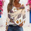 Women Plus Size Asymmetric Cutout Neck Cold Shoulder Long Sleeve Halloween Ghost Pumpkin Printed White Top