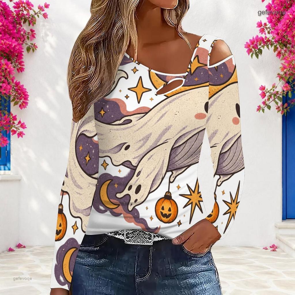 Women Plus Size Asymmetric Cutout Neck Cold Shoulder Long Sleeve Halloween Ghost Pumpkin Printed White Top