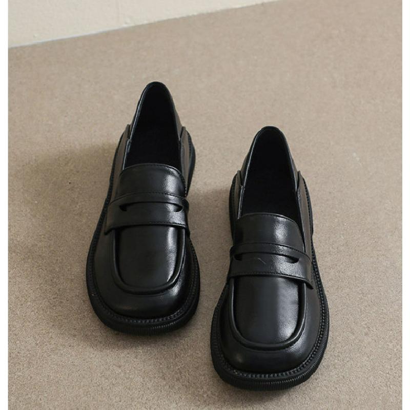 New Women'S British Style Leather Loafers - Classic Black Slip-On Flats, Round-Toe Work Shoes Office & Daily Wear