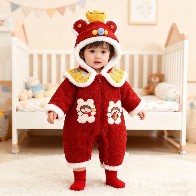 

New Year s Greeting Outfit for Babies 2025 New Winter Style for Infants Aged One Week Old, Red One-Piece Romper for Baby Girls Burgundy 66