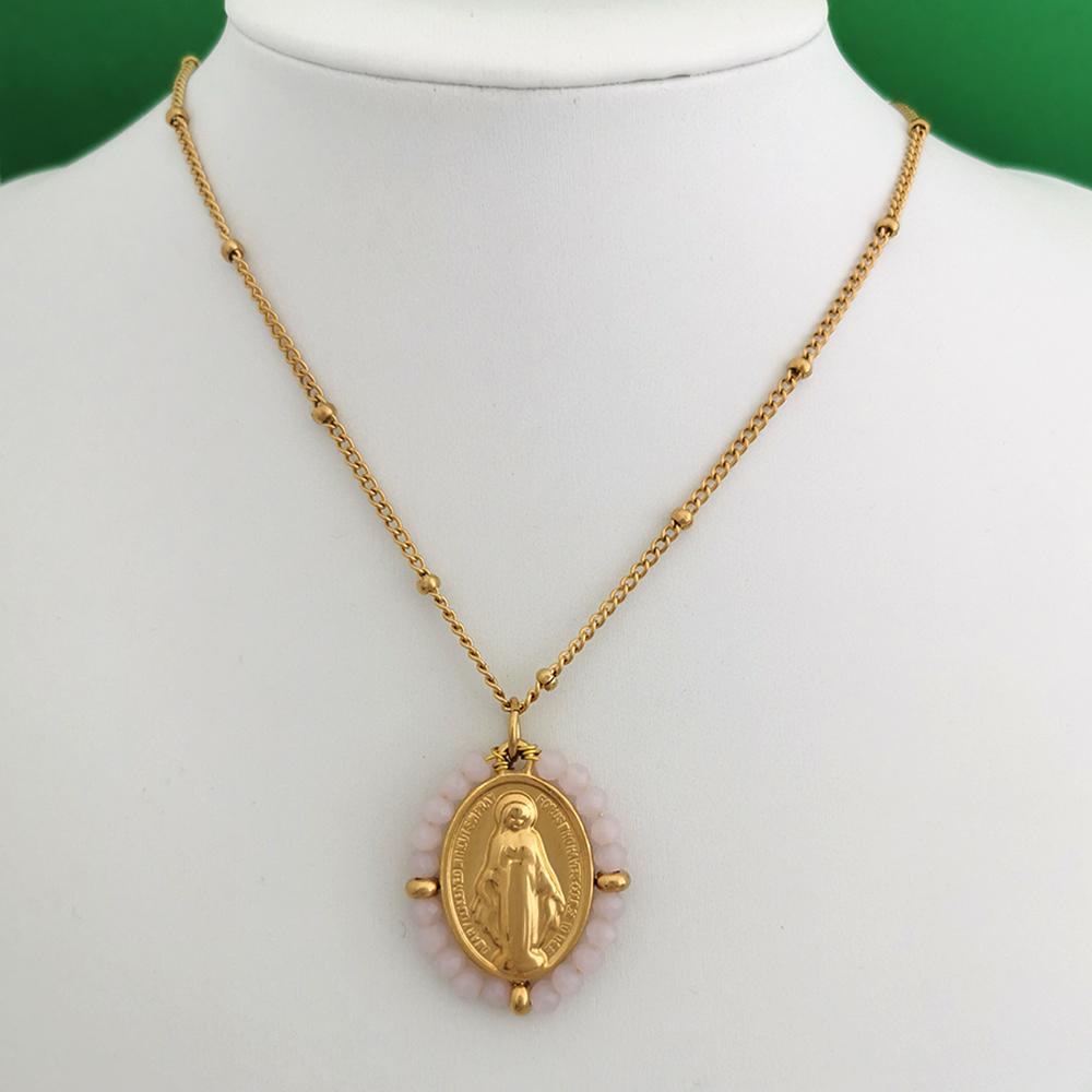 QMHJE Virgin Mary Stainless Steel Pendant Necklace Women Choker Beads Chain Oval Round Charm Gold Color Jewelry White Black