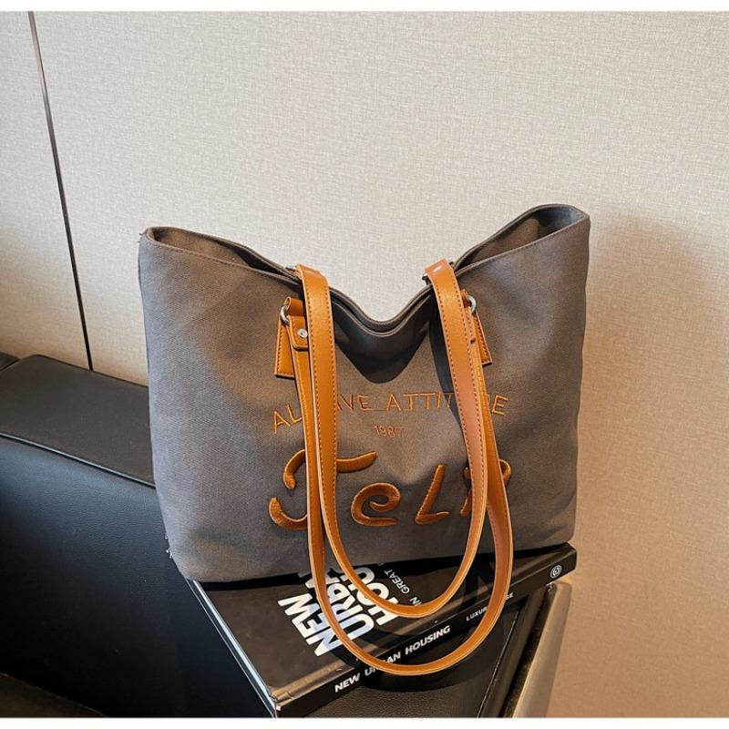 Canvas bag, letter embroidery tote bag, student commuting large capacity shoulder bag, literary shopping bag