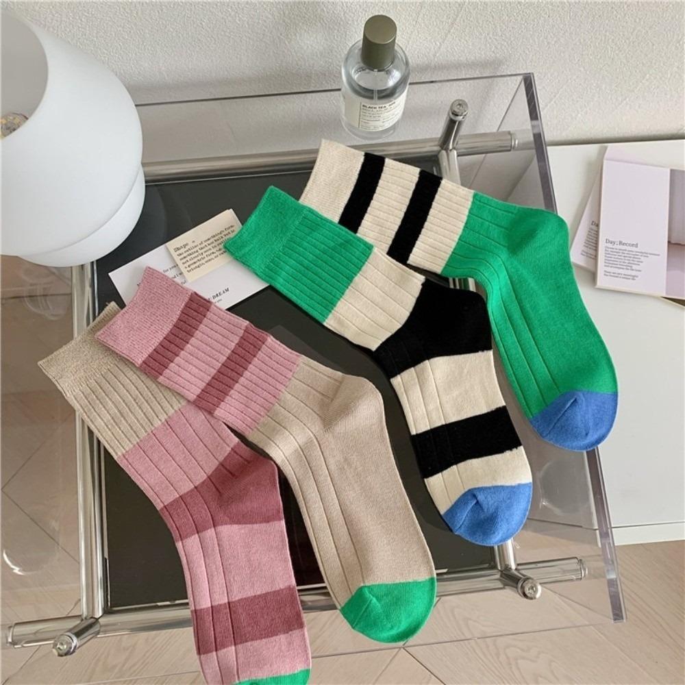 A Pair Stripes Mid Tube Socks Warm Womens Crew Socks Durable Cotton Socks  At All Seasons