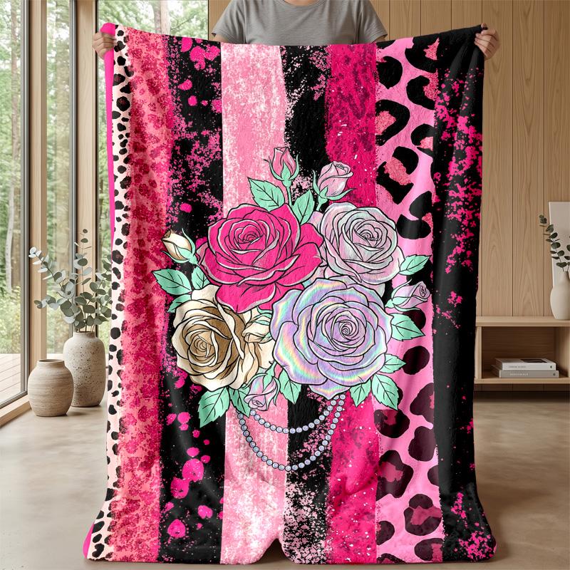 Pink Roses and Leopard Print 3 Theme blanket Lightweight Warm Flannel Blanket Decorative Throw Blanket for Home Decoration