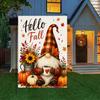 1pc Hello Fall Gnome with Pumpkin and Sunower Garden Ags, Reversible Print, Perfect for Patio and Outdoor Fall Decor (pole N