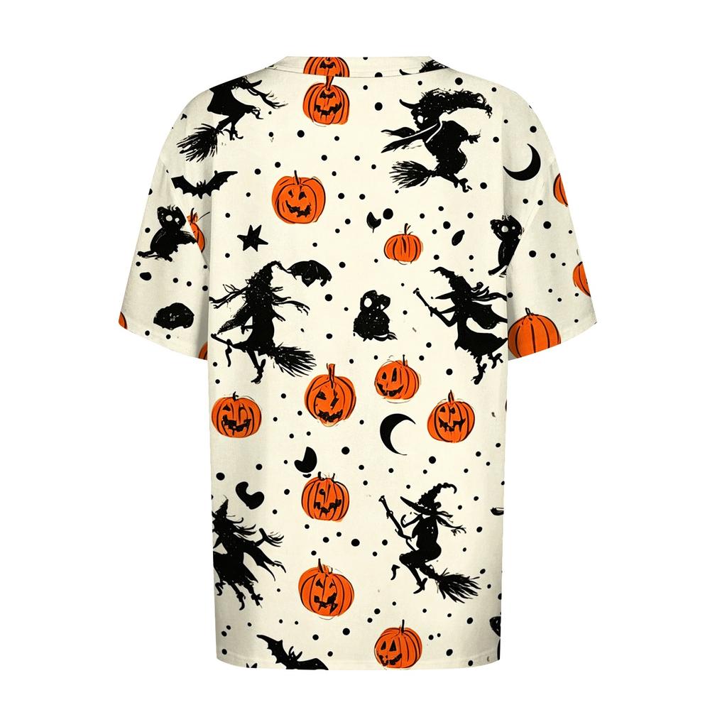 Women's Casual Short Sleeve Pullover Top Halloween Pumpkin Bat Print Round Neck Fashionable Relaxed Fit Shirt for Everyday Wear