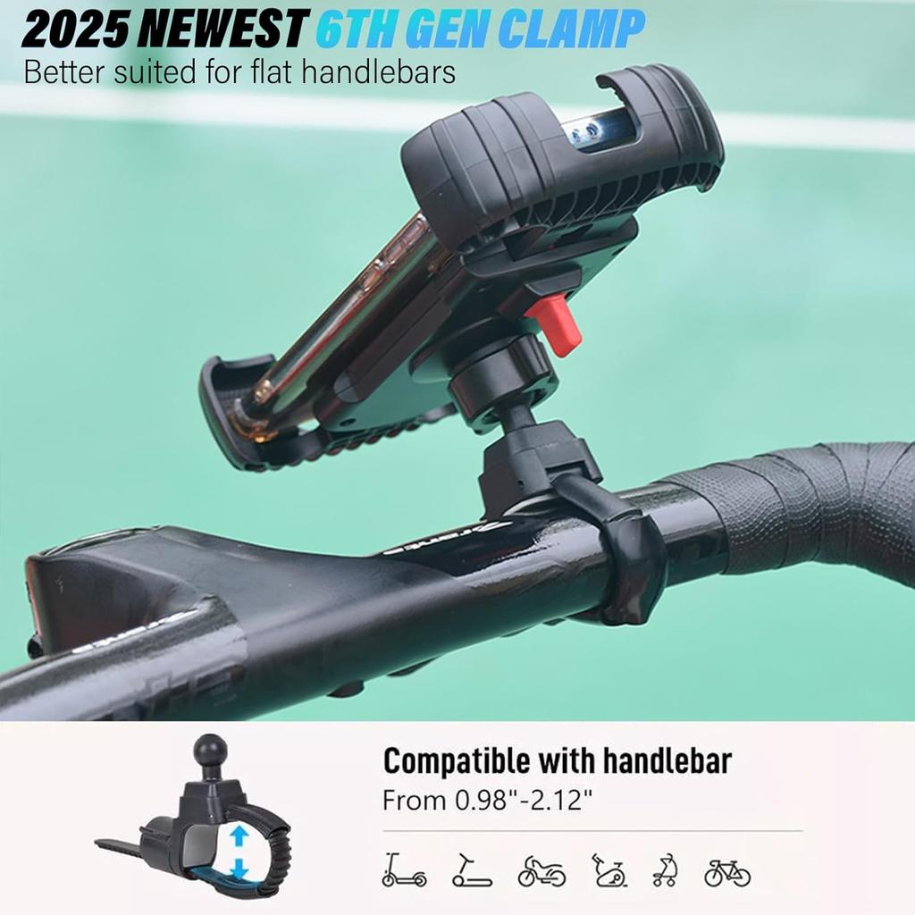 Bike Motorcycle Phone Holder With 2 Clamps, [New Generation] Bicycle Cell Phone Mount Better Suited For Flat Handlebars & Bicycle Stems, Electric
