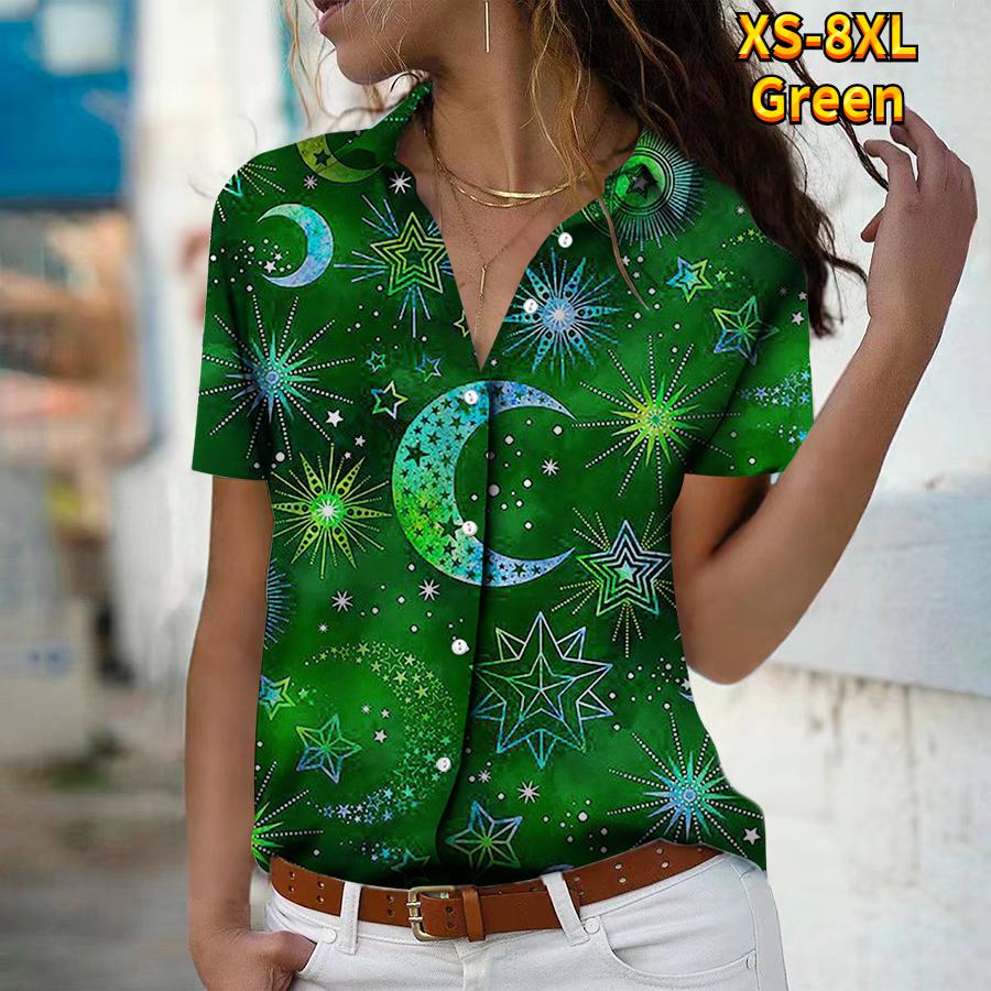 2025 Summer New Fashion Women's Star Printed Short Sleeve V-neck Casual Button-down Shirt Top