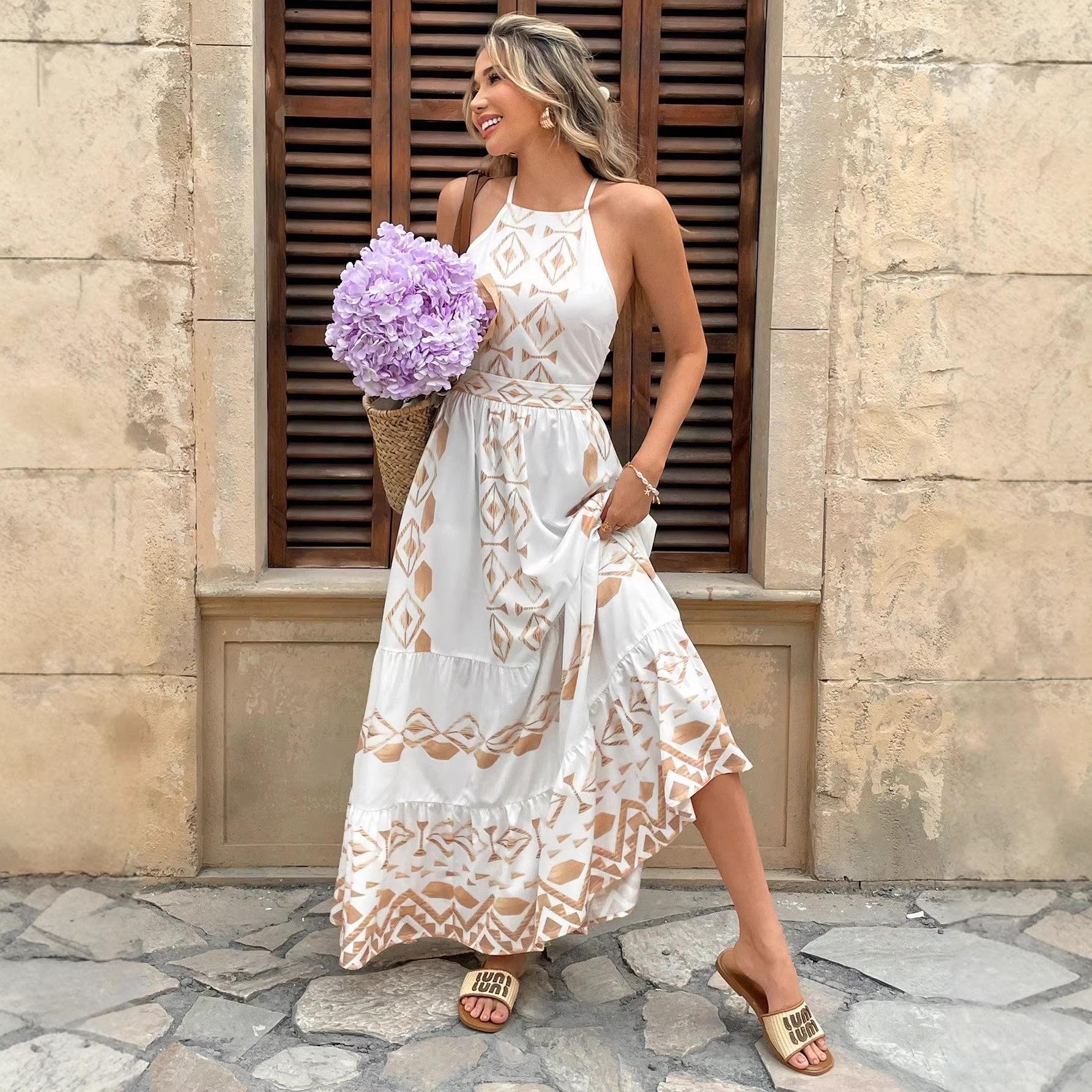 

2025 Elegant White Resort-Style Embroidered Spaghetti Strap Long Dress with Cinched Waist Large хакі