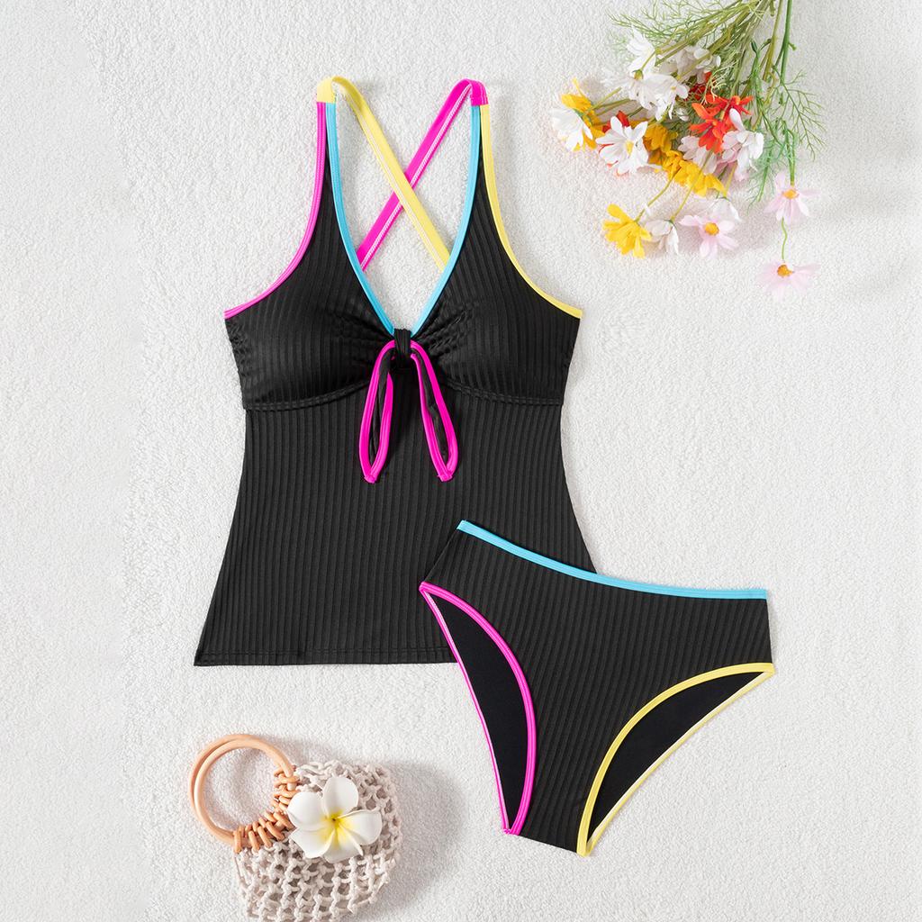 Color Block Ribbed Tank Top High Waist Two Piece Bikini Set Fashion Elegant Summer Wear