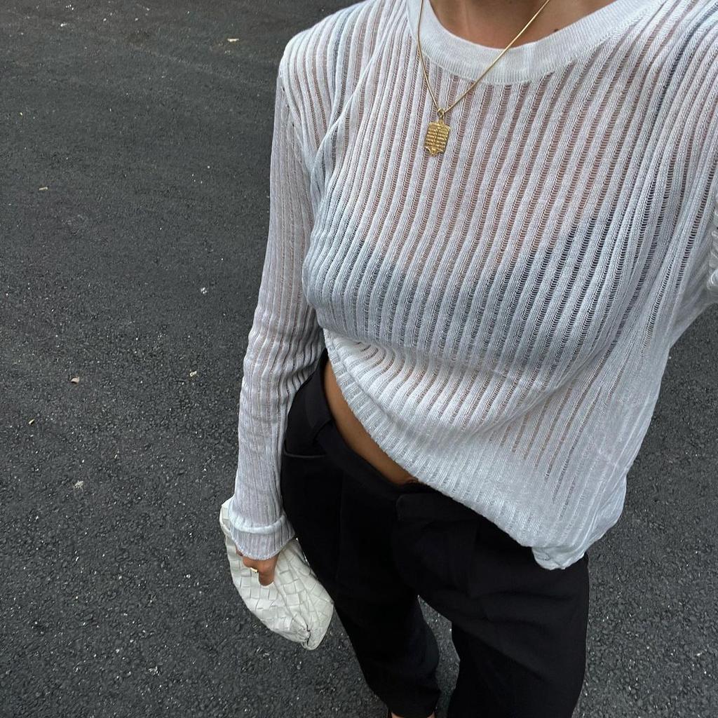 GMXIA Cut-out Knit Sweater Spring and Summer Sexy Slim Wool Round Neck Long-sleeved Thin Pit-stripe Knit Sweater
