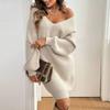 Womens V-Neck Knit Dress With Bow Detail Slim Fit Long Sleeve Sweater Winter