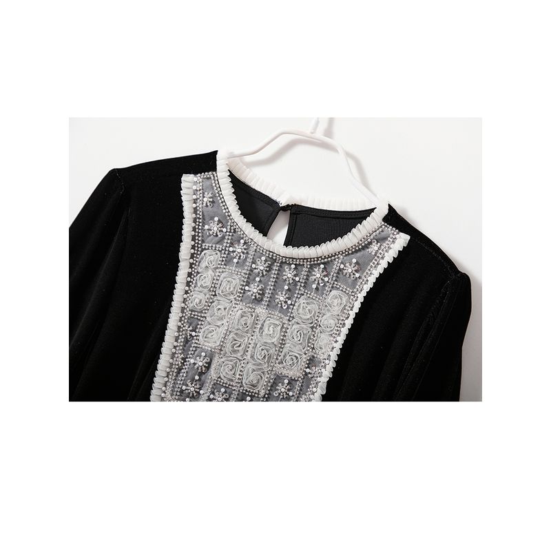 French Style Light Luxury Long Black Dress! Daya Women's Long Sleeve A Word Real Velvet Beads Mesh Stitching Dress Over the Knee