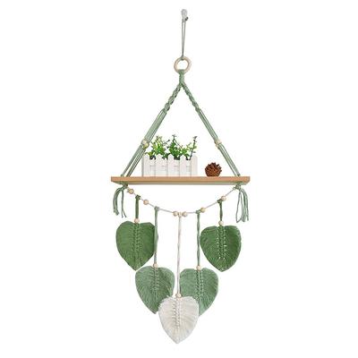Nordic Handwoven Wall Hanging Tapestry with Shelf Leaf Design Home Decor Green 39x90cm