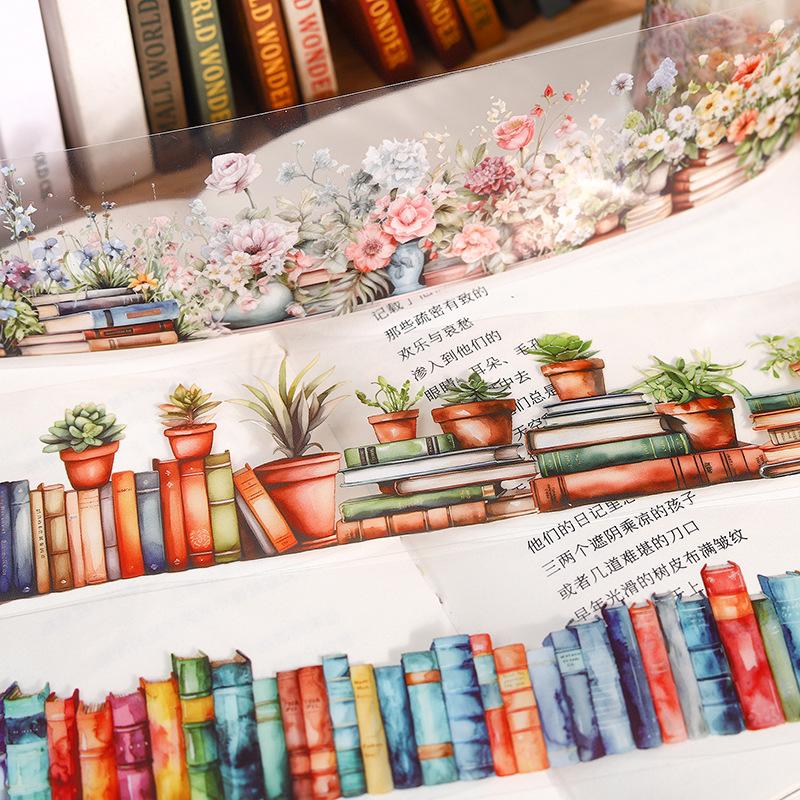 1roll Reading Scene-Building Themed Tape Stickers, Book & Bookshelf Designs for Hand Account Decoration & DIY Crafts
