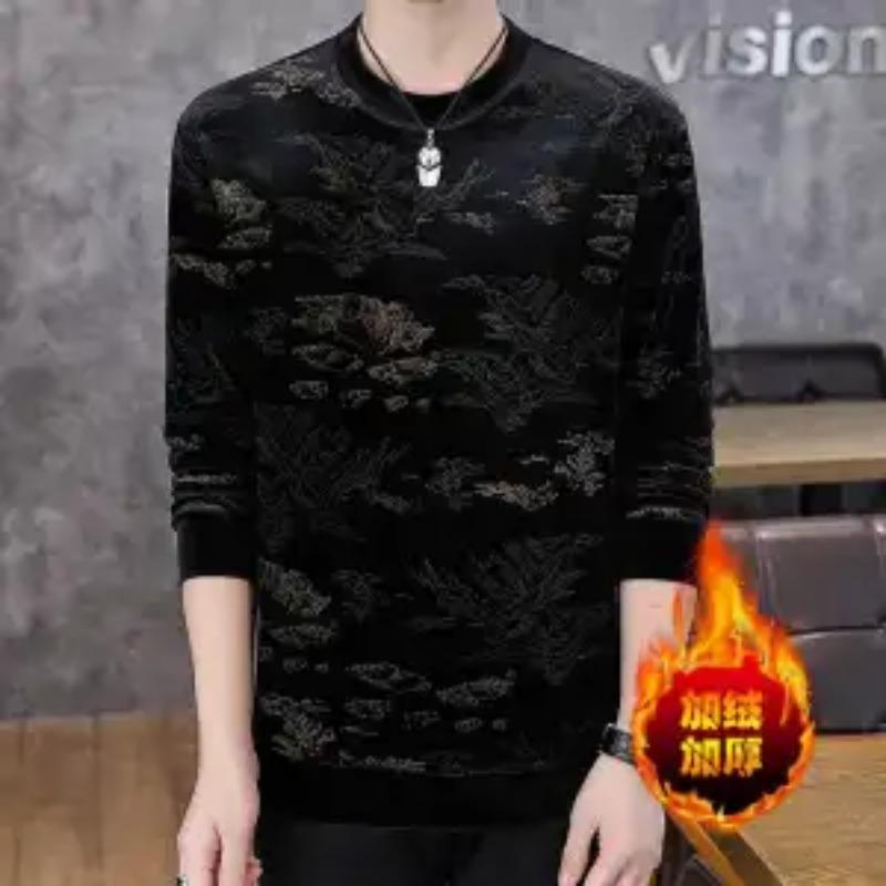 Autumn and Winter New Men's Gold Velvet Casual Long-sleeved Plus Velvet T-shirt Thickened Warm Top Sweatshirt