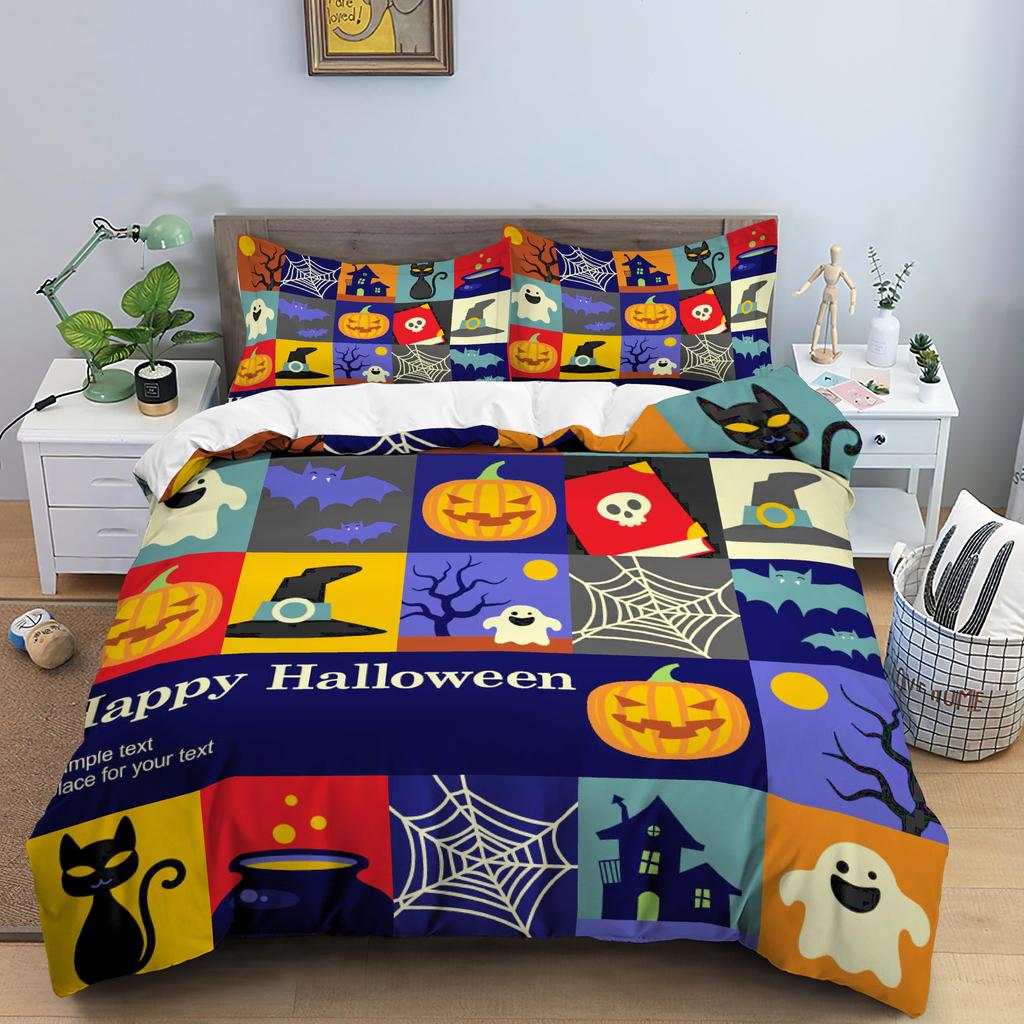 Halloween Duvet Cover Set Bats Pumpkin Polyester Comforter Cover with Pillowcase Queen King Size Bedding Set 3D Print Bedclothes