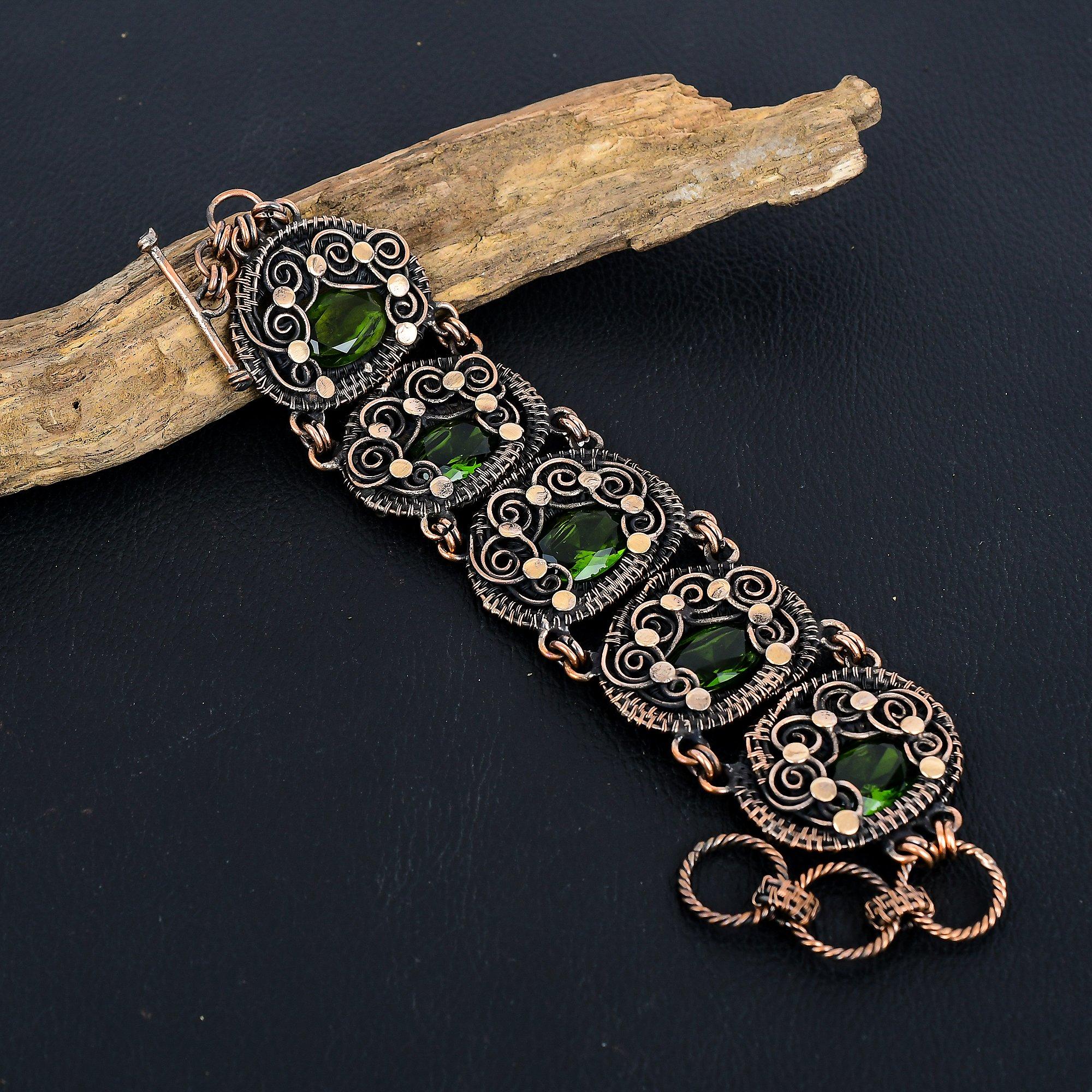 

Украшения с перидотом, Браслет, обернутый медной проволокой 999 пробы, Браслет ручной работы с драгоценными камнями ко Дню памяти 8 Inches