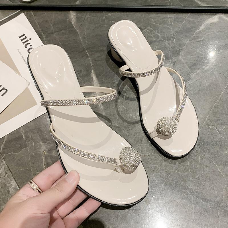 

Slippers women s summer 2024 new rhinestone round head sandals toe sandals thick heel half drag sexy high heels women 40
