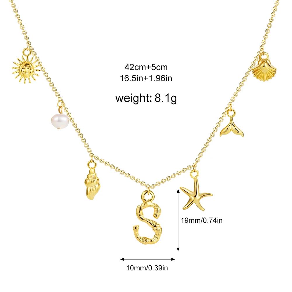 Boho A-Z Initial Letter Pendant Necklace Gold Color Beach Shell Starfish Pearl Necklace Women's Charm Jewelry Party Gift