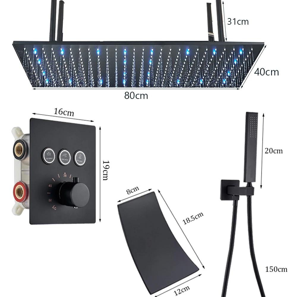 Matte Black LED Thermostatic Shower Faucet 40*80 Large Rain Waterfall Shower System Button Control 3Ways Mixer Installation Arm