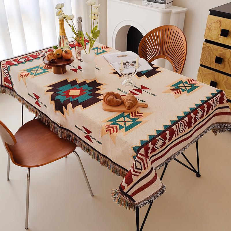 Boho Cotton Linen Tassel Tablecloth for Round Coffee & Dining Tables
