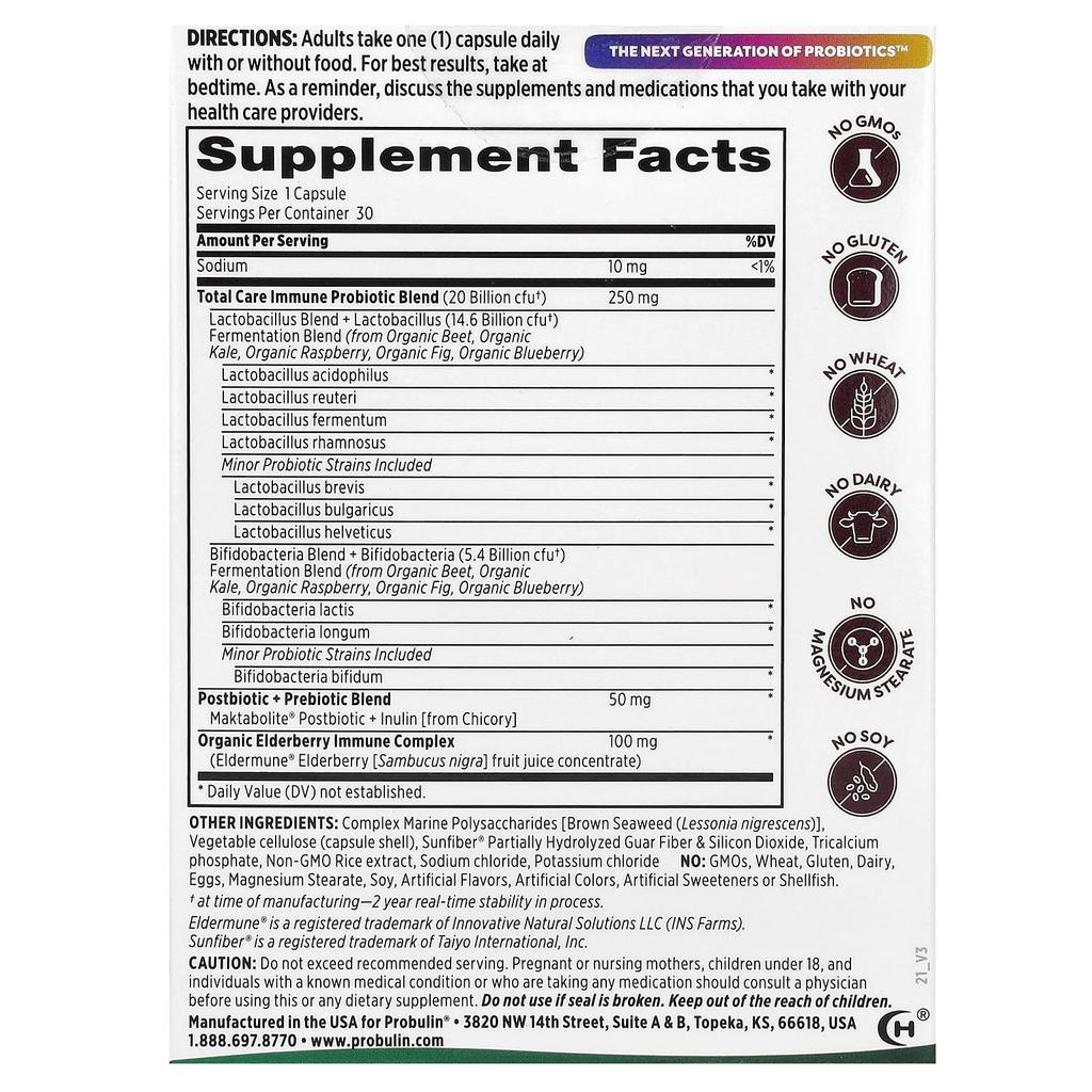 Total Care Immun Probiotikum + Präbiotikum & Postbiotikum, mit Holunderbeere, 20 Milliarden KBE, 30 Kapseln