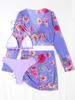 Women Fashion Bikini Set 4 Pieces Floral Printed Swimwear Set Halter Backless Top Briefs Long Sleeves Drawstring Cover-ups Swimsuit Sexy Bathing Suit
