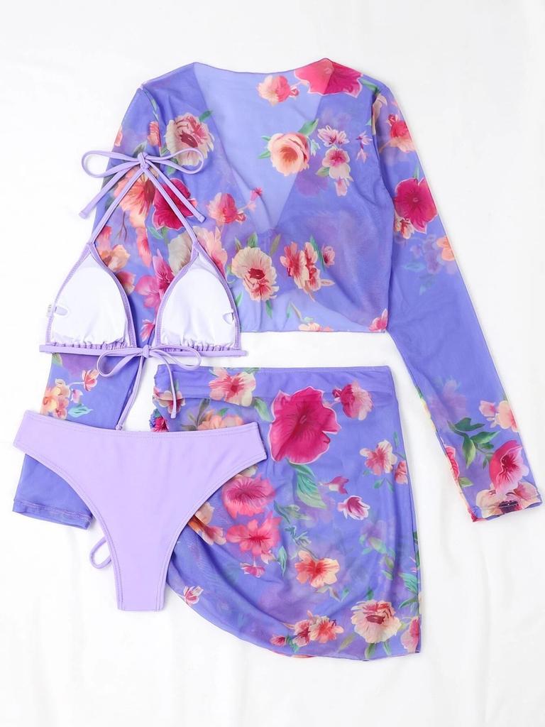 Women Fashion Bikini Set 4 Pieces Floral Printed Swimwear Set Halter Backless Top Briefs Long Sleeves Drawstring Cover-ups Swimsuit Sexy Bathing Suit