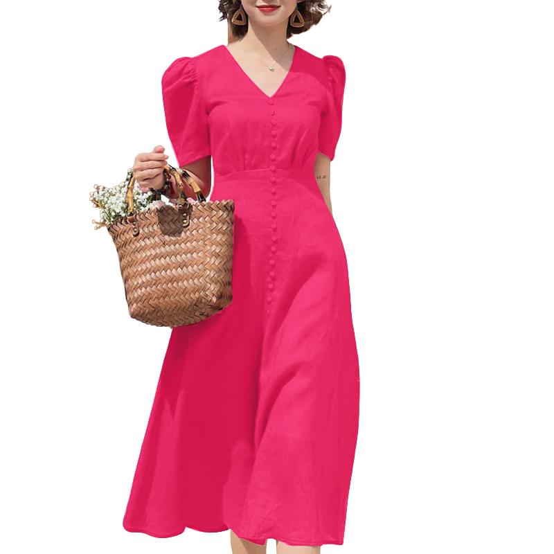 

ZANZEA Женское летнее платье с V-образным вырезом, однотонное, с коротким рукавом, повседневное 5XL темно-розовый
